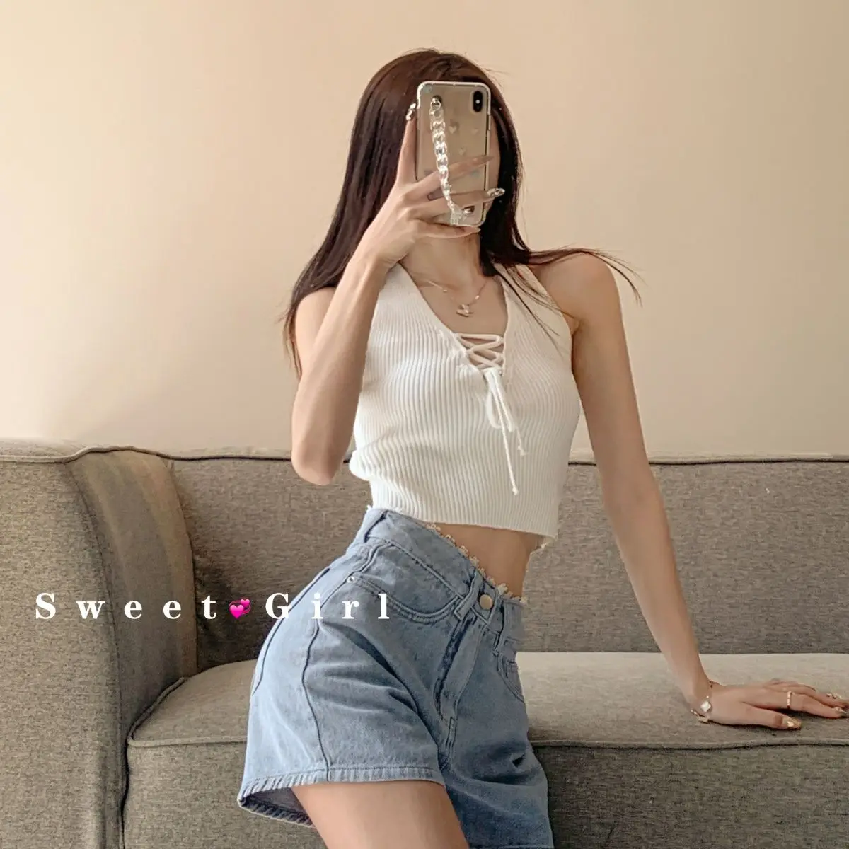 Pure Desire Gentle Lace Cowboy Solid Color Women Summer Loose Casual Straight Cylinder High Waisted Appear Thin All-match Shorts