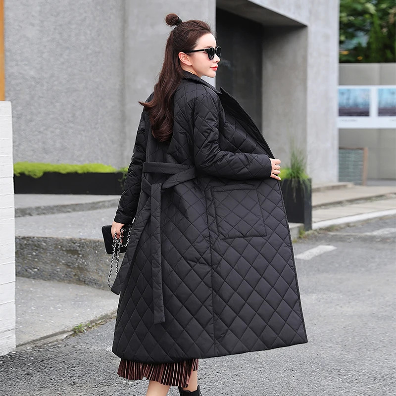 2021 New Woman Jacket Parkas X-long Belted Space Cotton Diamond Plaid Coat Down Women's Over The Knee Winter Clothing Warm Coats