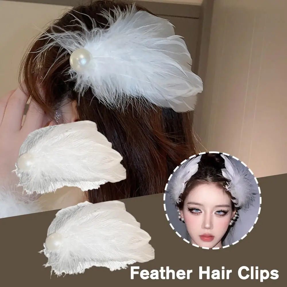 White Swan Feather Hair Clips Ballet Style Faux Pearl Christmas Charm Hair Wedding Dance Performance Hair Girls Pins Accessorie A6L0