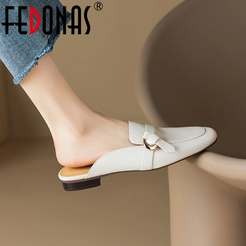 

FEDONAS Square Toe Low Heels Women Slippers Sandals Spring Summer Concise Genuine Leather Pumps Casual Working Shoes Woman Mules