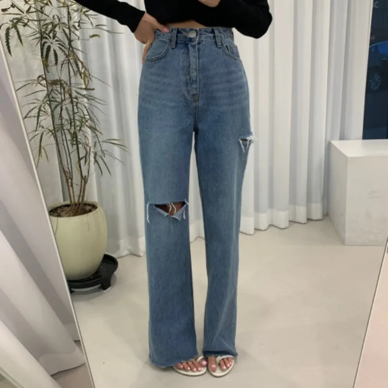 Korean Fashion Style High Waist Slim Asymmetrical Tear Ragged Edge Straight Tube Floor Dragging Denim Pants for Women 2023