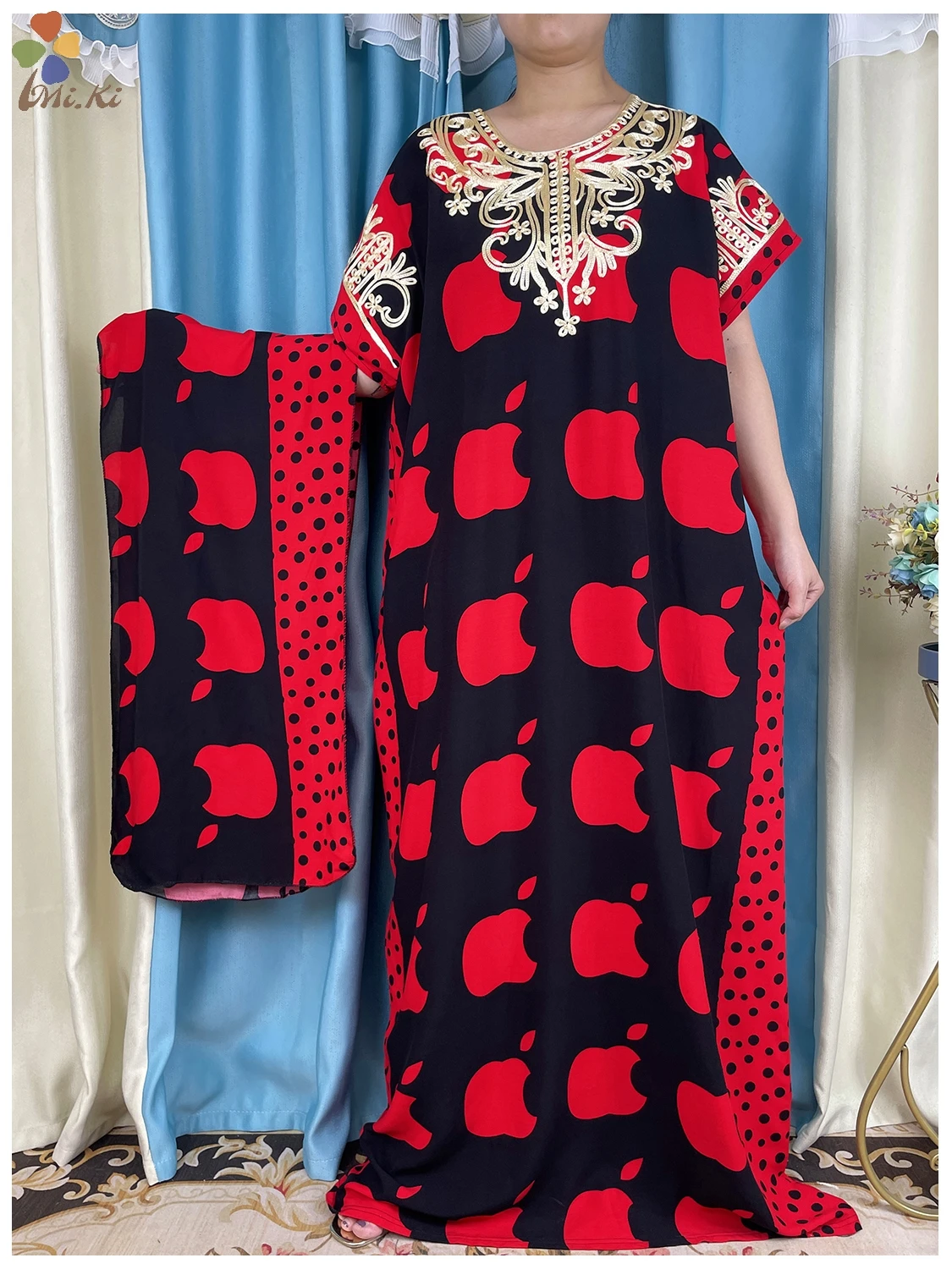 

New Style 2 Pieces Set Short Sleeve 2023 African Abaya Embroidery Floral Printing Cotton Dresses Lady Summer Casual Clothing