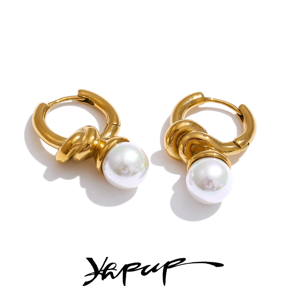 Yhpup Classic Stainless Steel Simulated Pearls Geometric Hoop Earrings