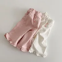 2024 Girls Spring Pants Baby Casual Ruffle Wide Leg Pants Children's Trendy Autumn Trousers Loose Solid High Waist Bell-bottoms 2