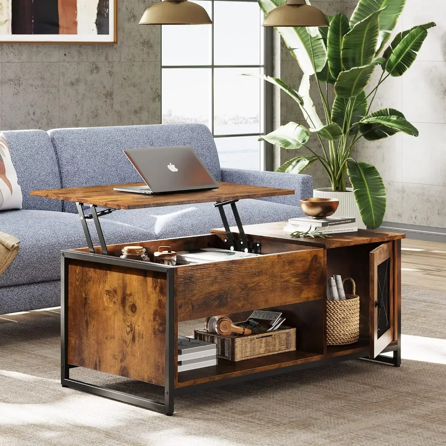 Coffee Table, 41.7" Lift Top Coffee Table with Hidden Compartment and Storage Cabinet, Wood Center Table , Rustic Brown 2