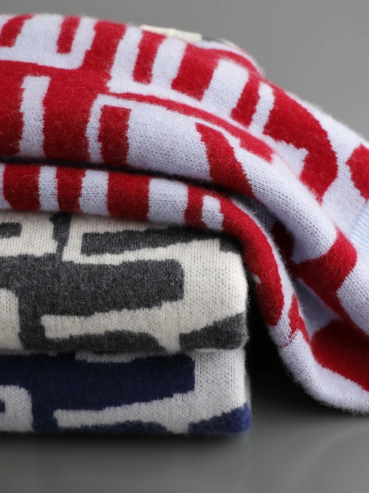 New Chic Men's 100% Cashmere Sweater O-neck Jacquard Pullover Thick Soft Warm Cashmere Knitwear Autumn Winter Casual Jumpers 5