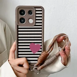 Stylish Stripe Love Heart Phone Case with Wrist Chain Strap and Lanyard Cover for Xiaomi Poco f6 (J21-Coffee-SS)