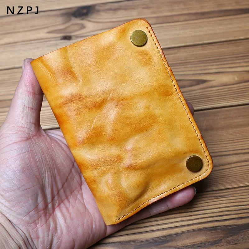 NZPJ Vintage Leather Men's Purse Top Layer Cowhide Bank Card Bag Women's Zipper Zero Purse Credit Card Bag Buckle Coin Bag
