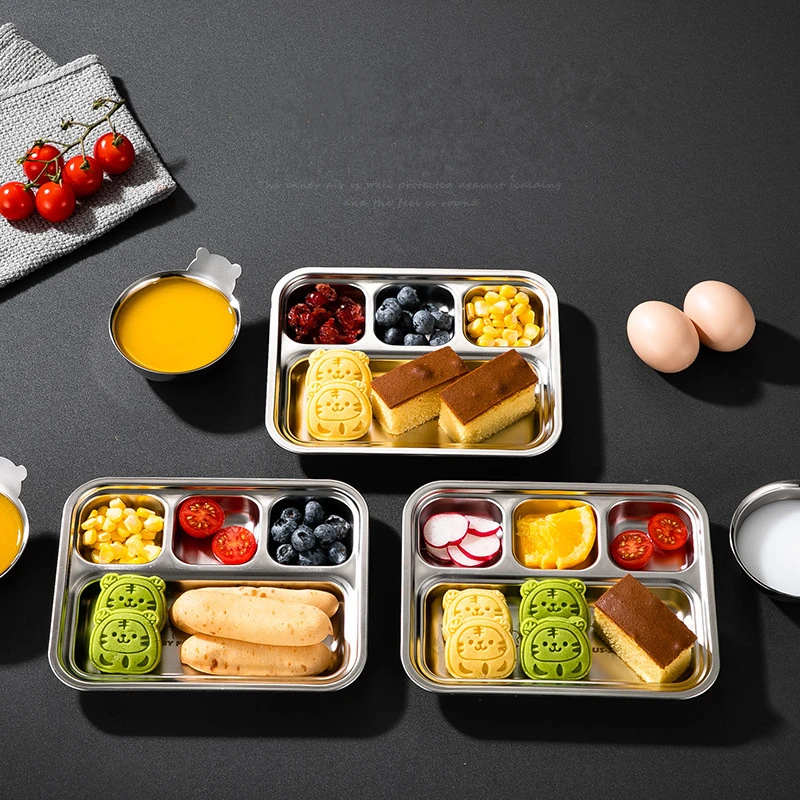 304 Stainless Steel Divided Dinner Tray Lunch Fruit Snack Container Food Plate 4 Grids For Students Canteen Restaurant