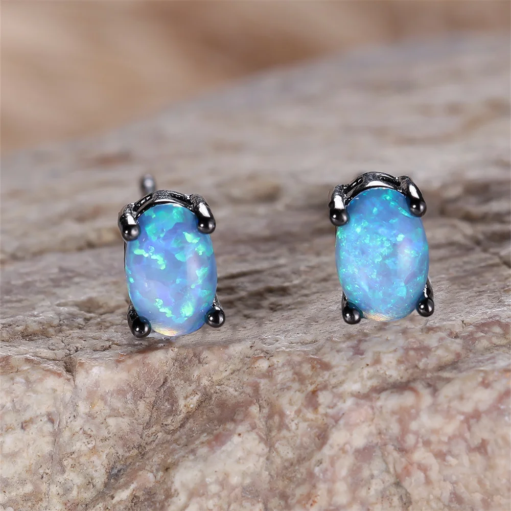 White Blue Fire Opal Small Oval Stone Stud Earrings For Women Vintage Black Metal Wedding Jewelry Minimalist Engagement Gifts
