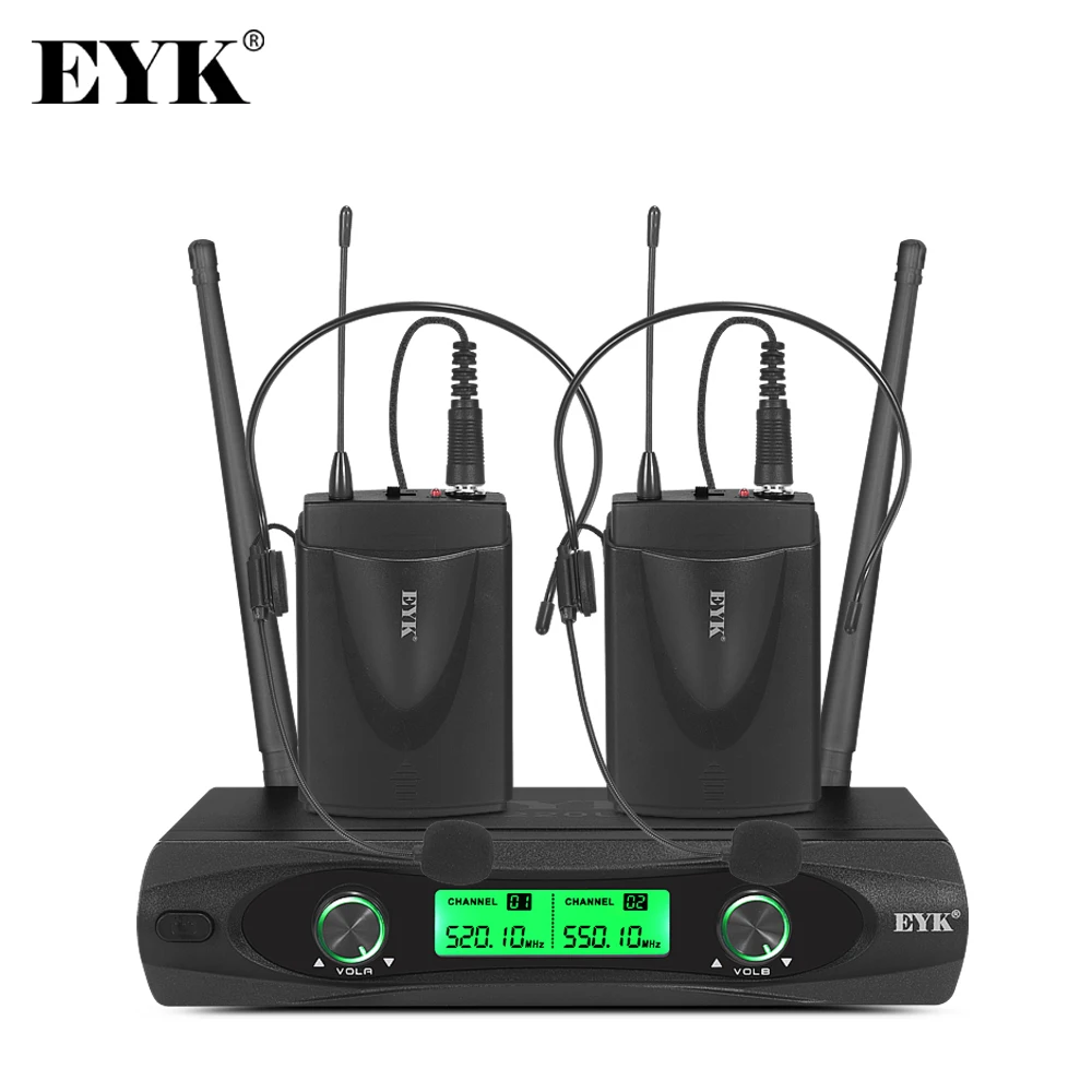 Eyk E220u Uhf Duplo Canais sem Fio Microfone Bodypack Transmissor com Fone de Ouvido e Lapela de Lavalier Mic para Discurso da Igreja