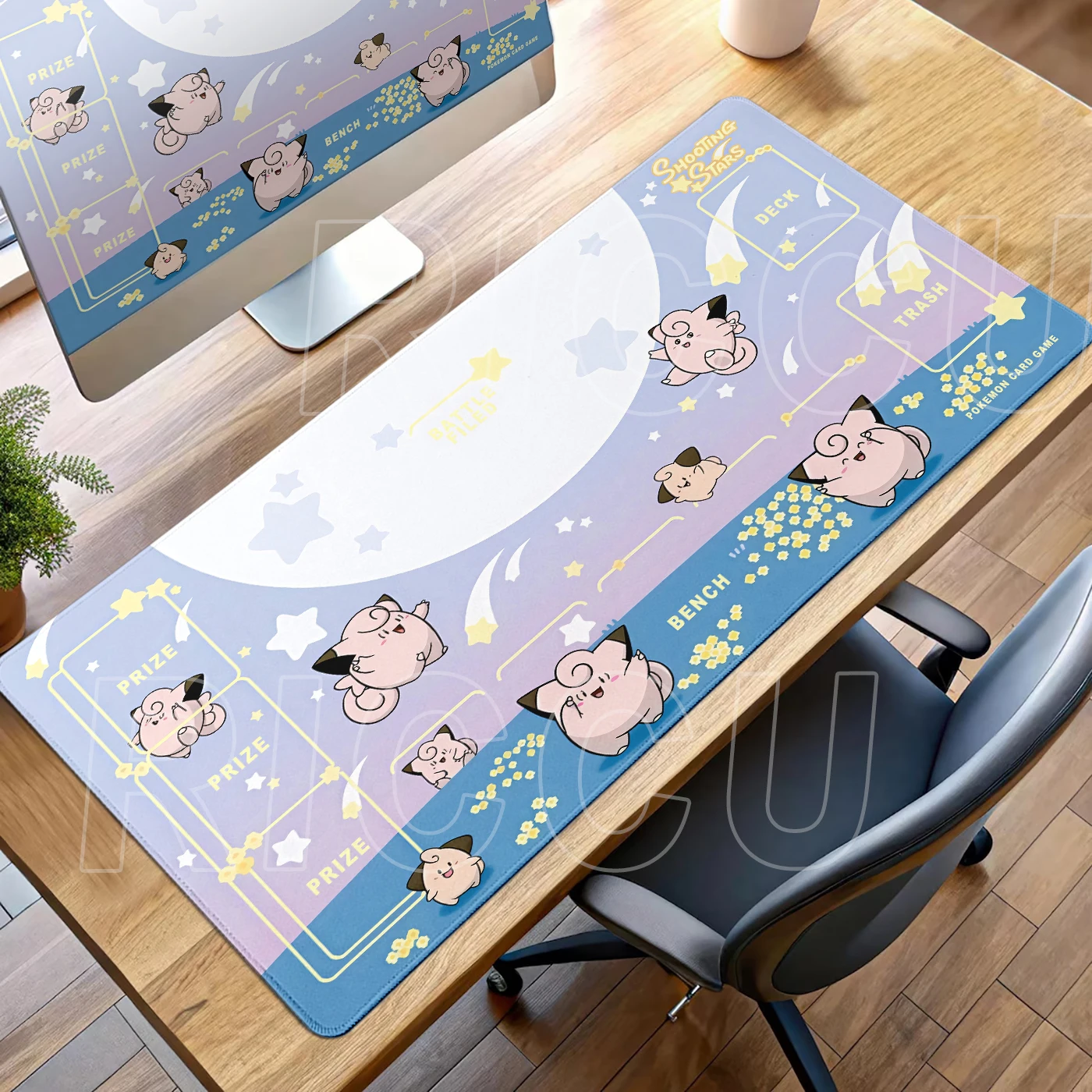 Kawaii Pink Anime Desk Mat with Clefairy & Jigglypuff Design