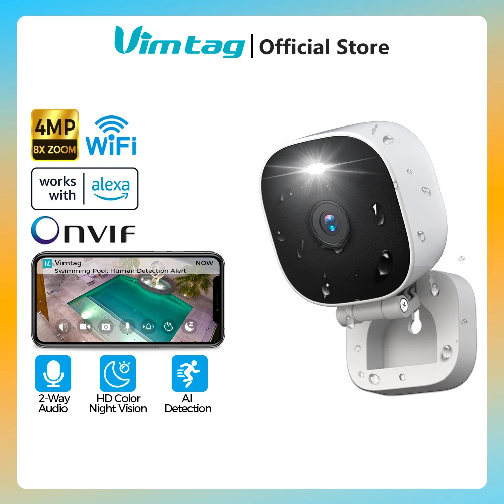 VIMTAG 4MP câmera de segurança wifi ao ar livre à prova dwaterproof água câmera ip externa vigilância baba eletronica mini camera 10m visao noturna áudio em dois sentidos detecção ai com alexa