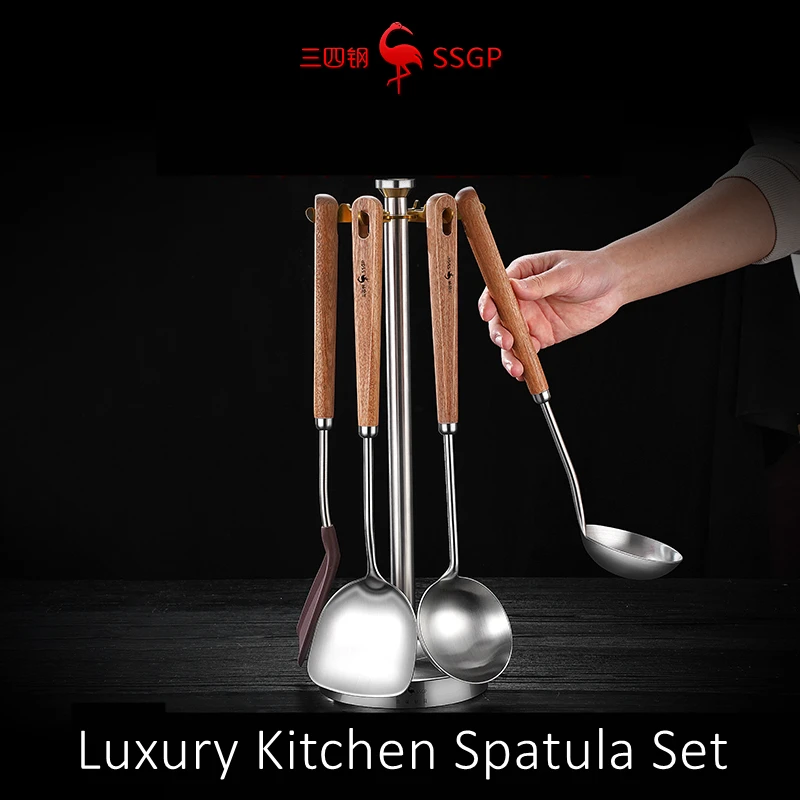 Luxury LFGB Certificate 316L Stainless Steel Wood Handle Kitchen Spatula Set Spoon Silicone Spatula for Family Cooking Tool