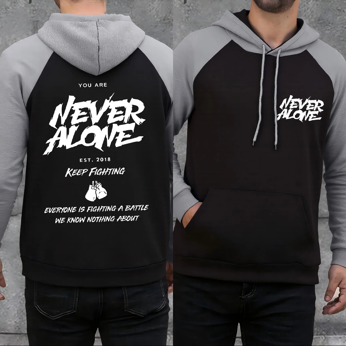 Never Alone Keep Fighting Print Raglan Hoodies Male Autumn Trendy Soft Hoody Fleece Hip Hop Pullover Pocket Loose Clothes