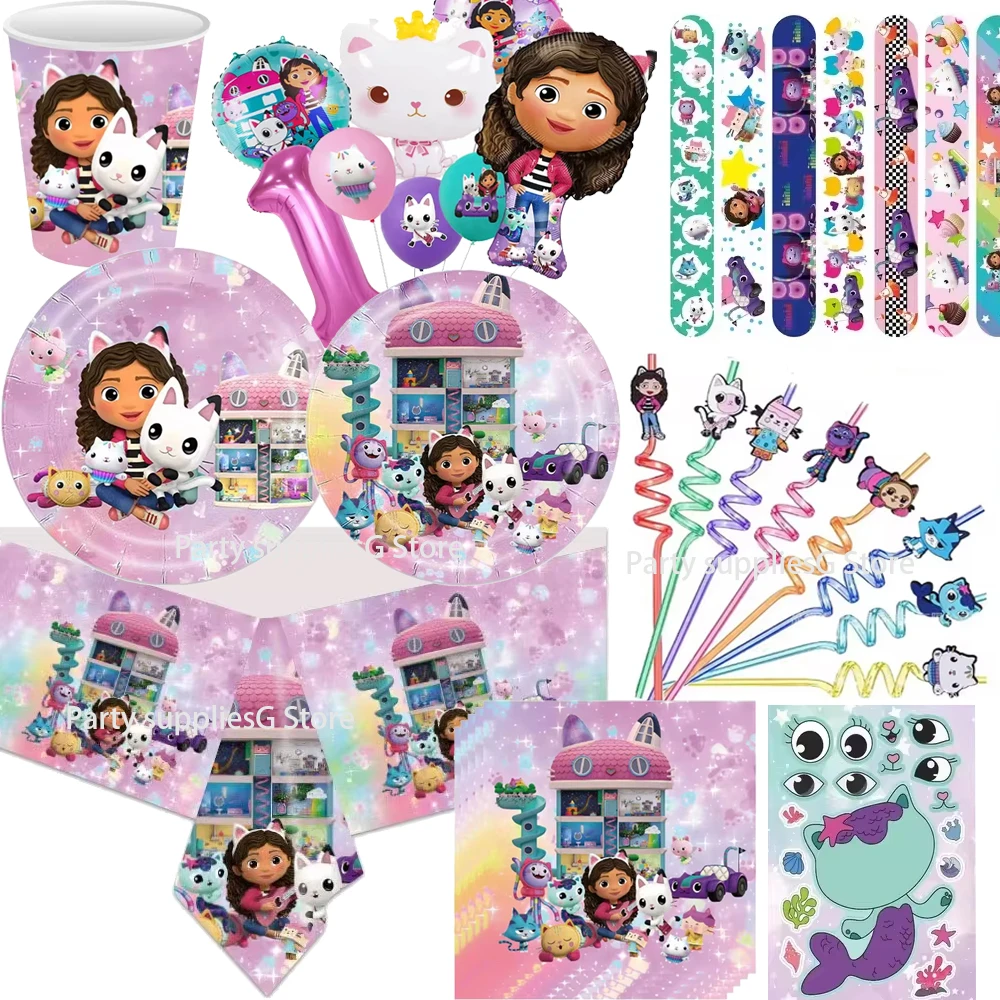 Party Supplies Gabby Dollhouse Birthday Party Decoration Cartoon Cups Plates Tablecloth Balloon Slap Bracelet for Kids Baby Shower Party Suppli