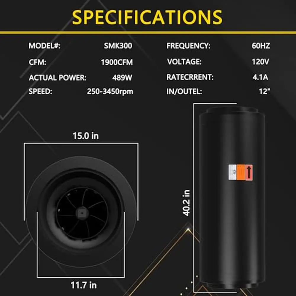 12" Inline Duct Fan EC Motor Ventilation Exhaust Heating Cooling Booster Grow Tents Hydroponics Powerful Durable Low Noise Ideal