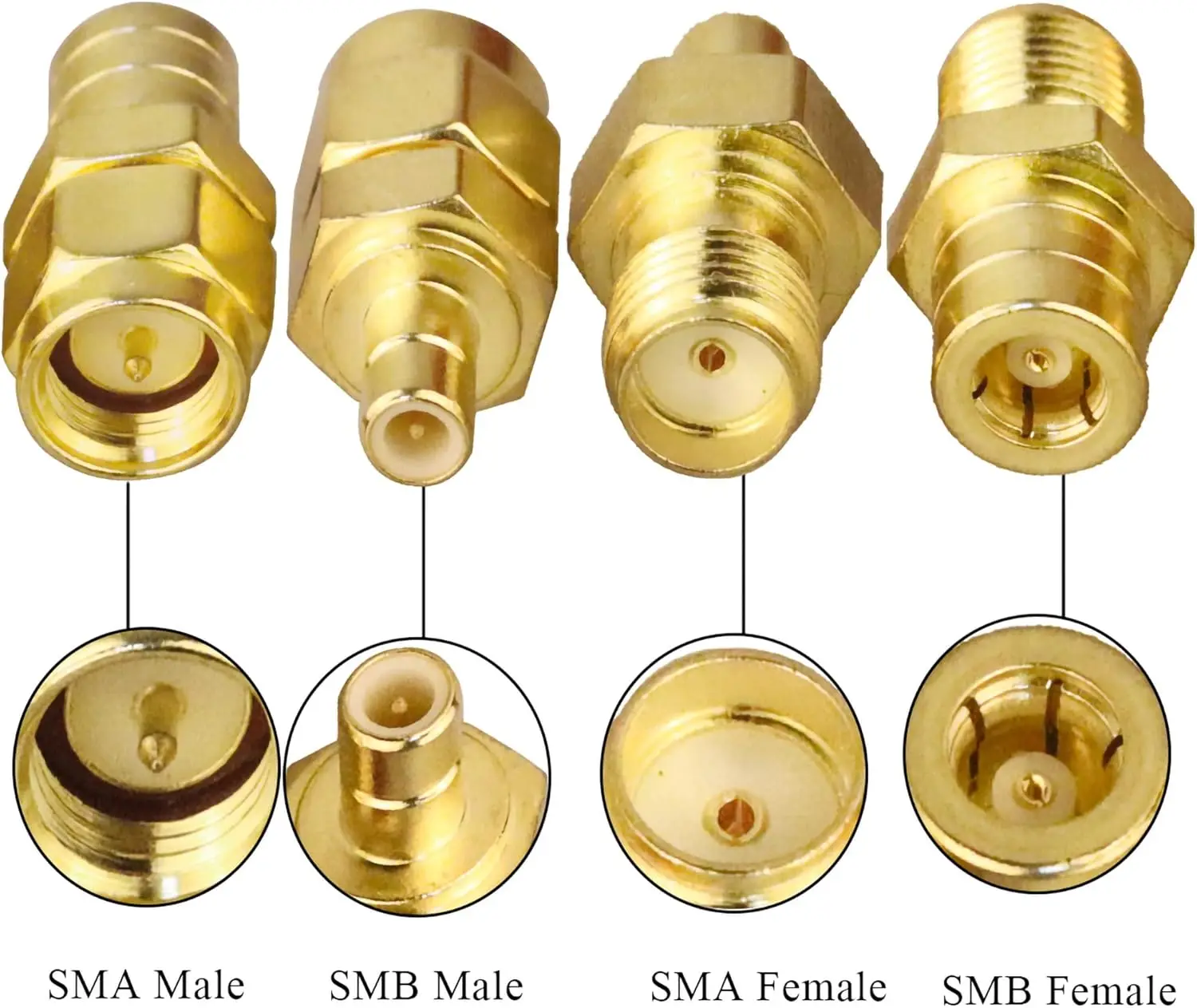 Adaptateur coaxial SMA vers SMB droit 50ohm plaqué or, idéal comme convertisseur RF pour test, posé sur une surface métallique.
