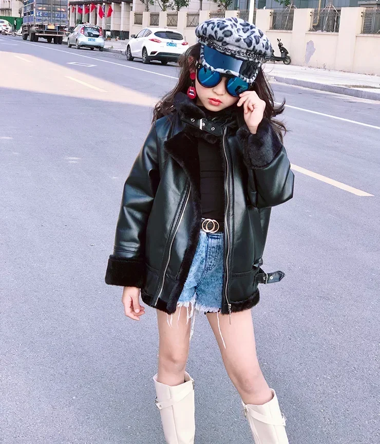 الفتيات سترة جلدية دراجة نارية الاطفال معاطف الصوف...