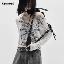 Karrcat Grunge Aesthetics Tops Cyber Y2k V-neck T-shirt Punk Style Crop Top Gothic Chic Designer Clothes Alternative Streetwear