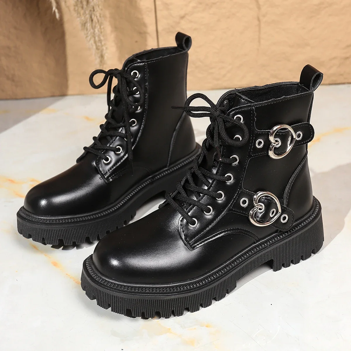 New Round Toe Fashionable Side Zipper Motorcycle Shoes Solid Color Elegant Warm Casual Lace-up Non-slip Women's Boots