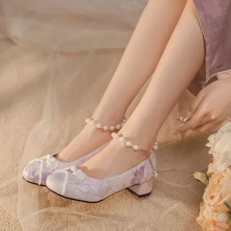 

Ladies High Heels Elegant Bow Square Toe Violet Fashion Women's Pumps Thick Heel Wedding Party Pearl Lace Wedding Shoe for Women