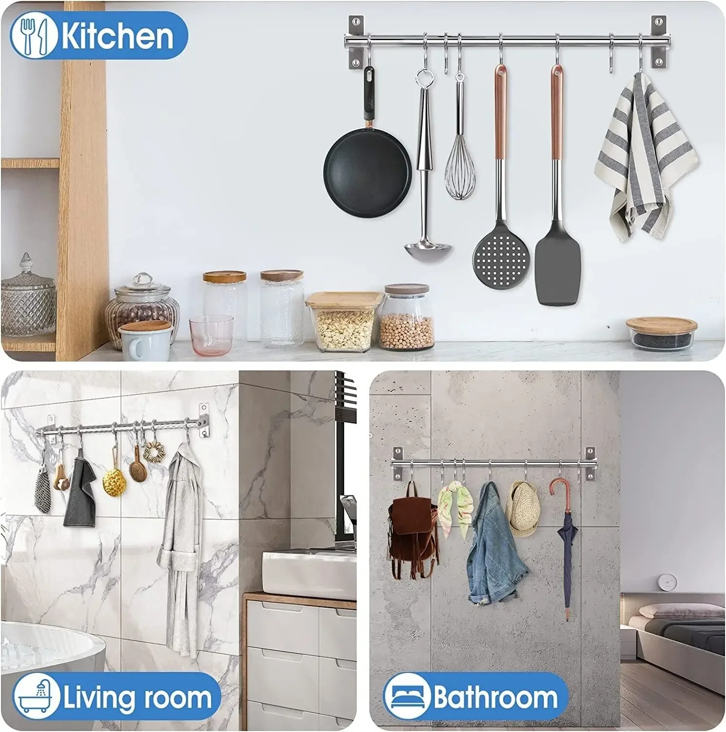 Storage Tool Holder Kitchen Stainless Steel Bathroom Bar Ladles, Pan, Cups, Umbrellas, with 7 Hooks Furniture Binary Wall 5