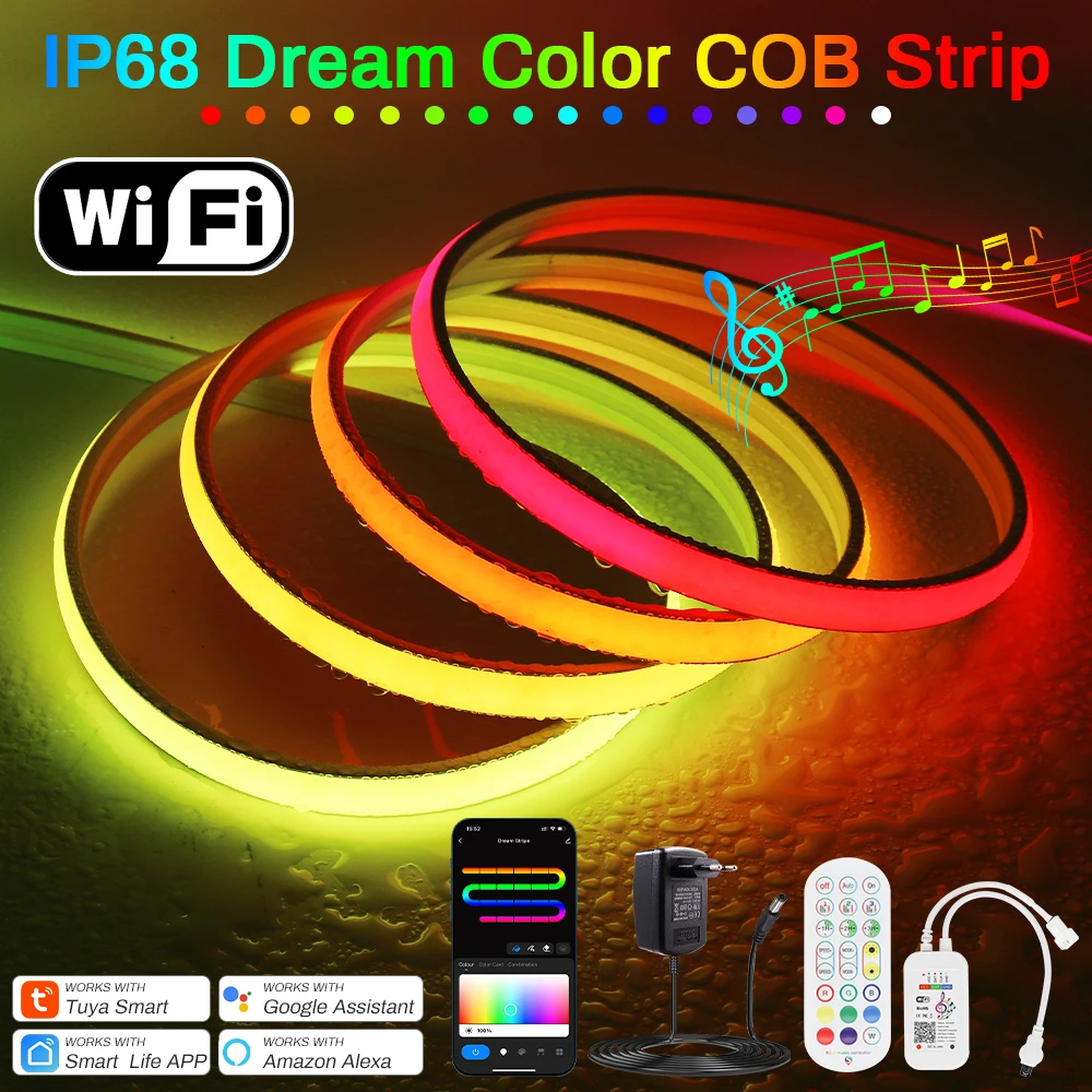 

IP68 Dream Color COB Led Strip High Density Flexible Dimmable Addressable WiFi Smart Run Water WS2811 LED Lights TuYa Smart Life
