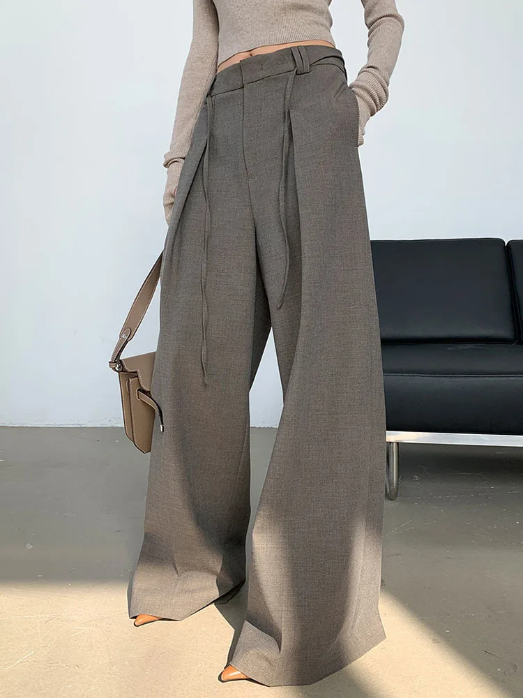 [LANMREM] Drawstring Design Wide Leg Pants For Women 2024 Summer New High Waist Office Lady Loose Suits Trousers 26D8566