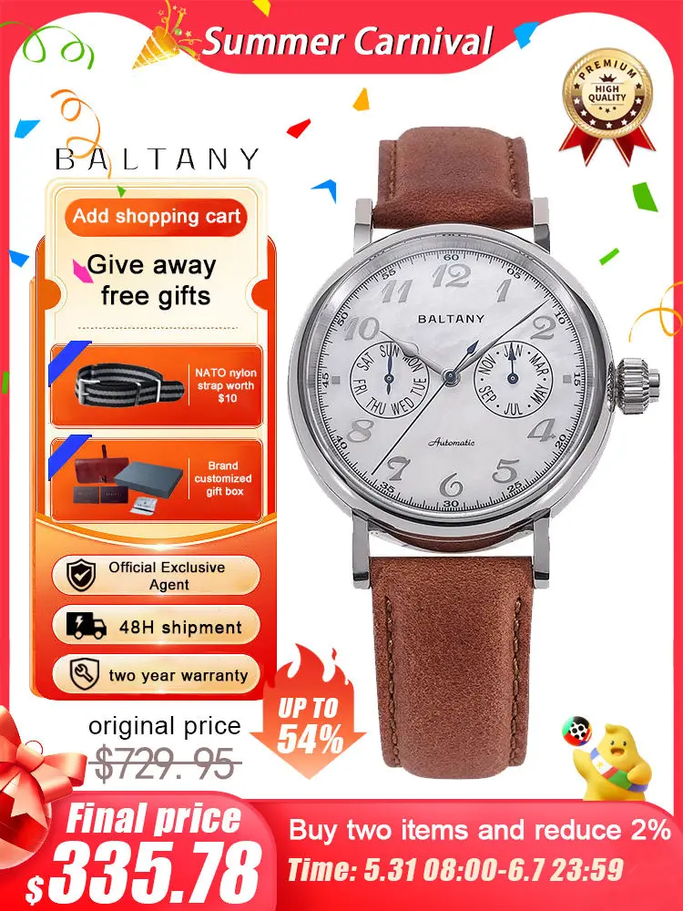 Baltany-Relógio mecânico automático retro masculino, relógio de couro, Sapphire MOP Dial, impermeável, 5bar, luxo, novo, 9122, 2022