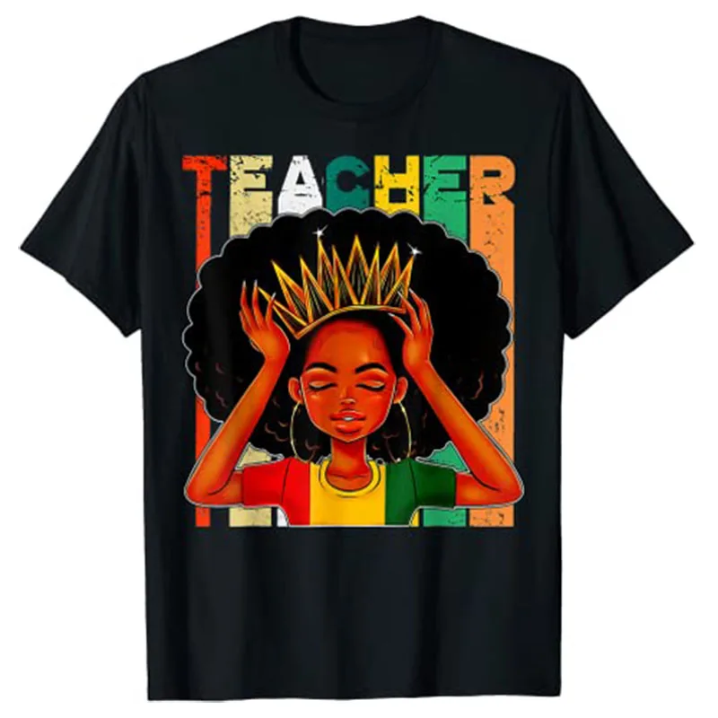 

Black Woman Teacher Afro Retro Matching Black History Month T-Shirt Clothing Women Graphic Tee Shirts Teachers Day Gifts
