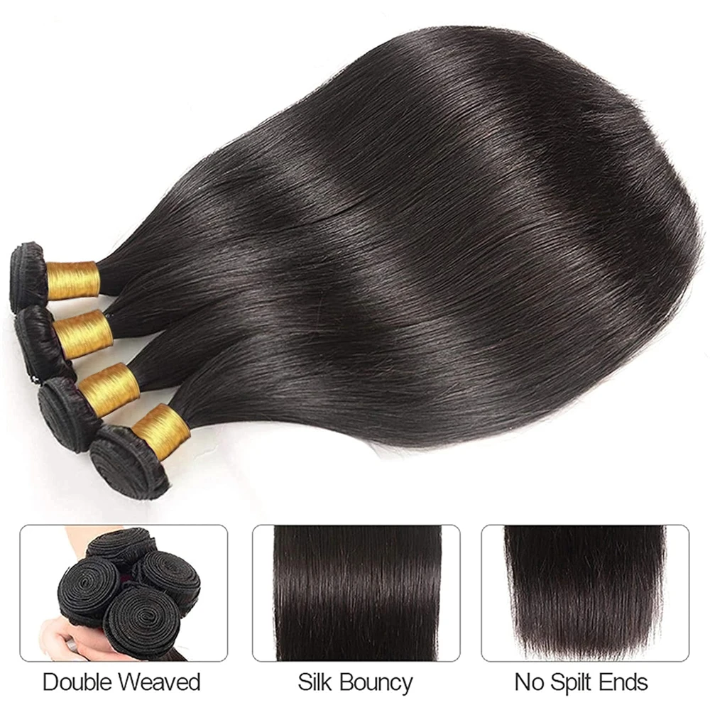 Bone Straight Human Hair Bundles 26 28 30 Inch With Closure Peruvian Hair Weave 3 Bundles With 4x4 Lace Closure Extensions