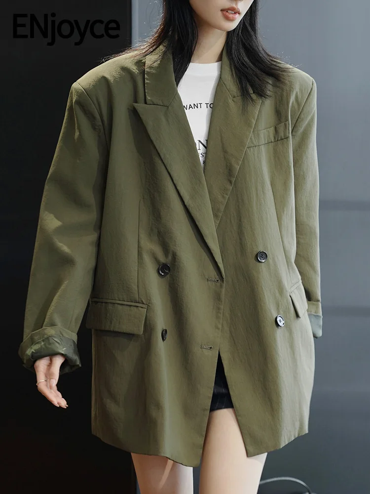

ENjoyce 2023 Autumn Women Minimalism Double Breasted Loose Blazer Korean Solid Long Sleeve Suit Office Lady Jackets Casual Tops