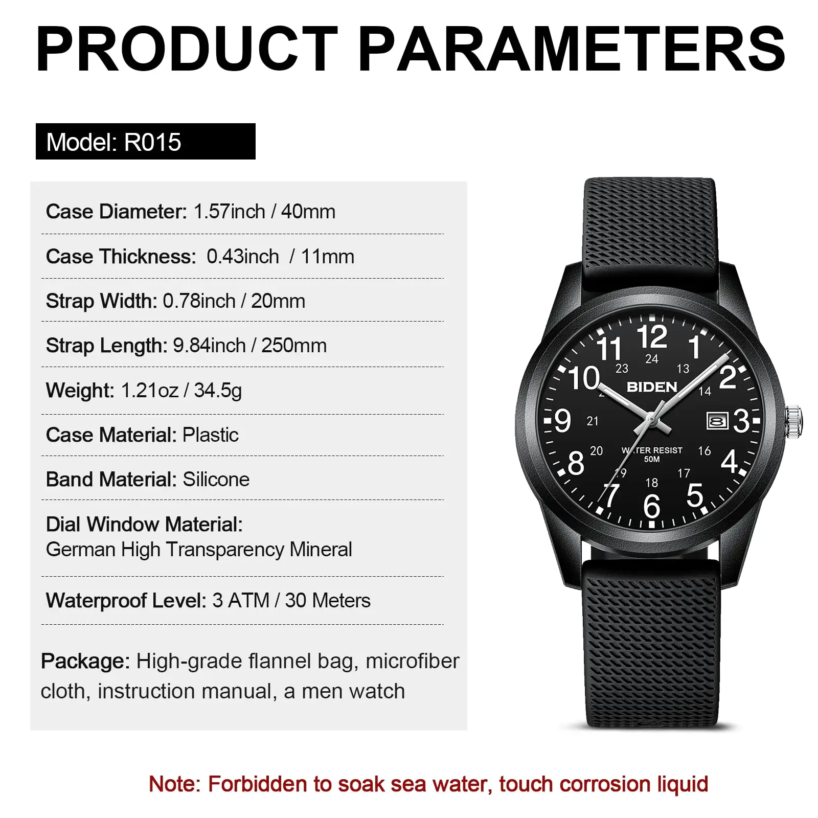 BIDEN Simple Casual Men's Quartz Watch Digital Edition Waterproof Calendar Luminous Silicone Strap Comes with Watch Box 6
