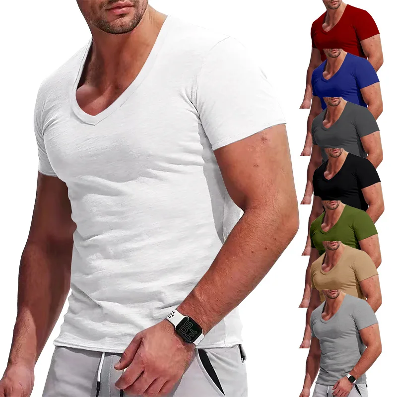 

Men's T-shirts Summer V-neck Solid Color Tee Personality Slim-fit T-shirts Thin Casual T-shirts Short-sleeved Tops
