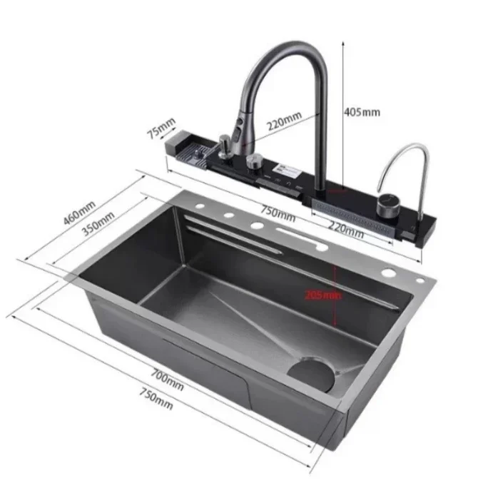 Kitchen Sink, Multifunctional Kitchen Sinks,Stainless Steel Waterfall Smart Washbasin, Multiple Sizes,with Digital Display 6