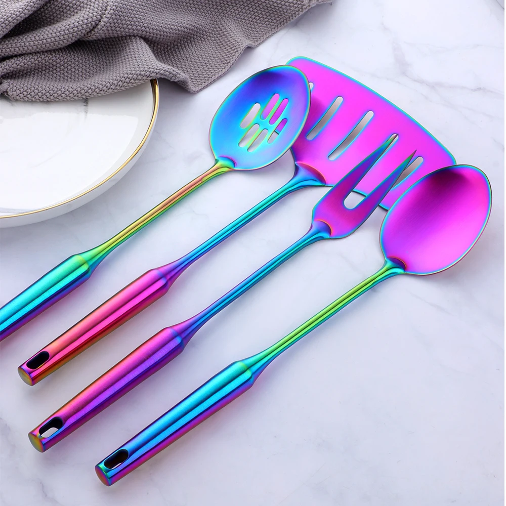 kitchen utensils set 1-10PCS Rainbow Stainless Steel Cooking Kitchen Utensils Set Soup Spoon Turner Spaghetti Server Food-grade Cookware Tools