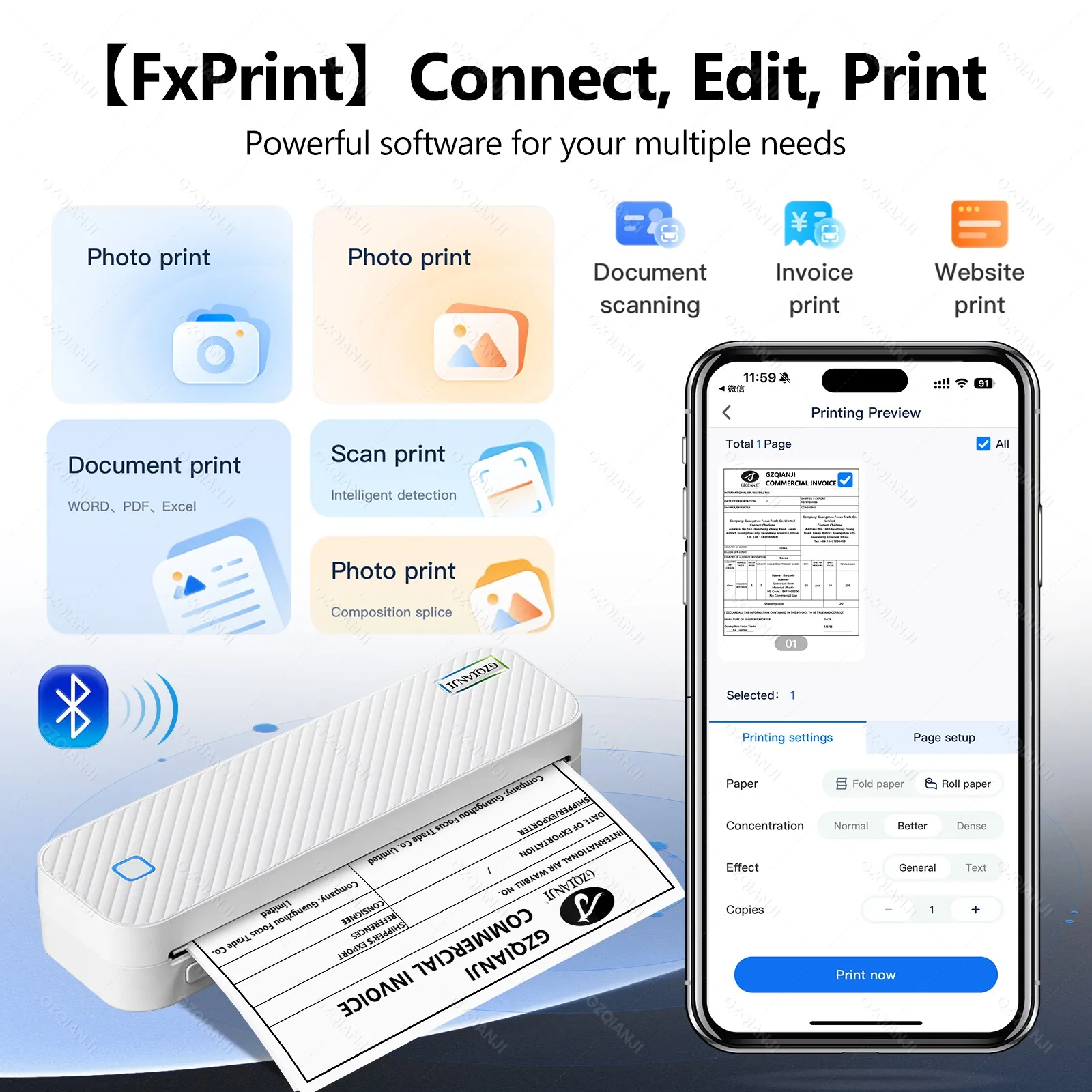 A4 Bluetooth Thermal Portable Printer Wireless Machine for Travel Support A4 Paper 8.5" X 11" US Letter Legal Inkless for Office