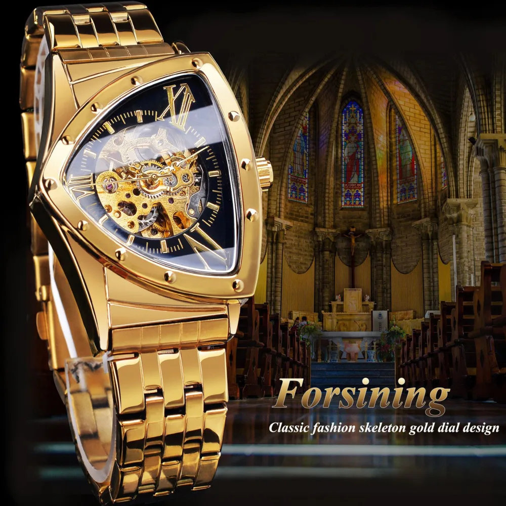 FORSINING Mechanical Watch For Men Automatic Hollow Out Luxury Watch Triangle Dial Stainless Steel Men Watch Reloj Hombre
