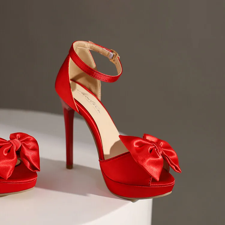 

Женские босоножки на высоком каблуке, красные туфли с открытым носком и бантом на платформе, привлекательные туфли на шпильке, модель 43 48 на лето, 2023
