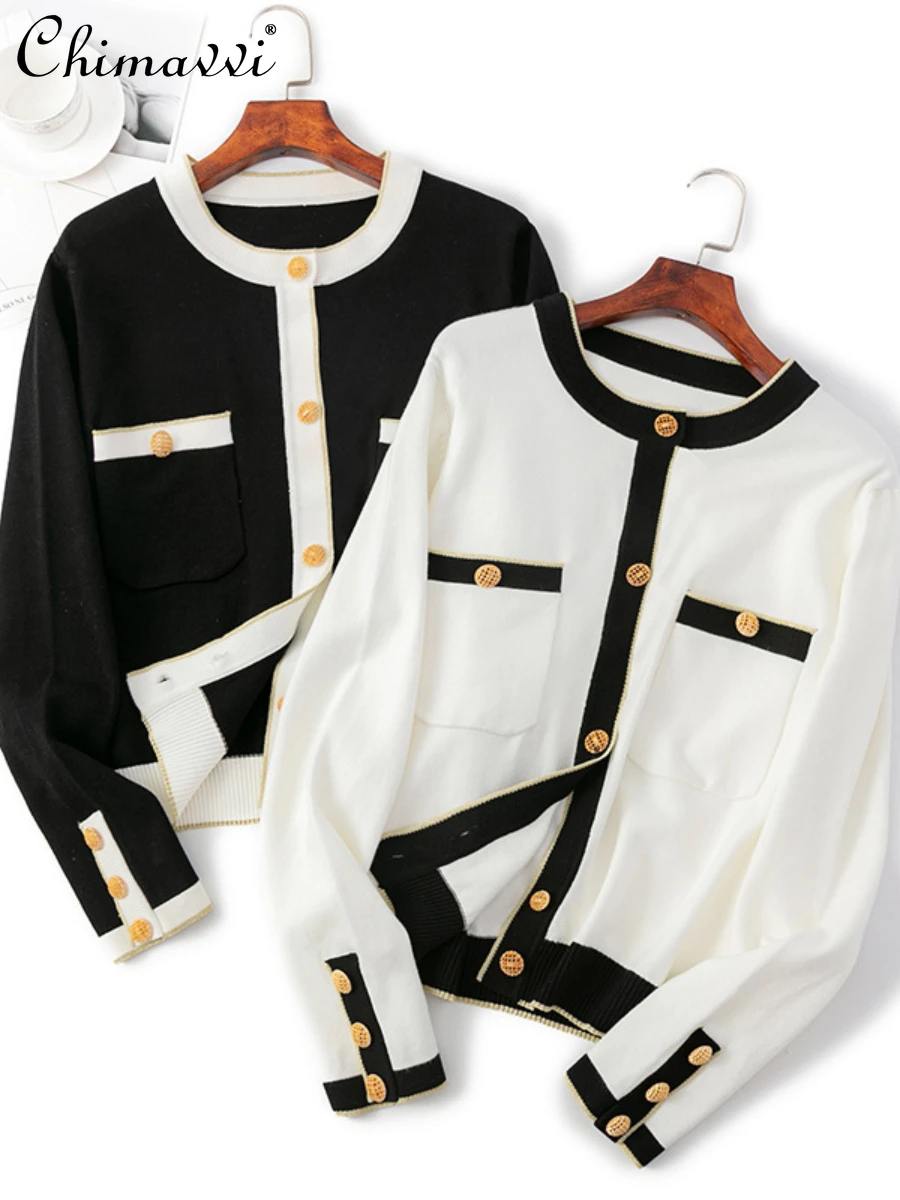 

Fashion Knitted Cardigan Contrast Color Coat for Women 2023 Autumn Winter New Loose Round Neck Long Sleeve Office Lady Sweater