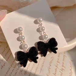 Cute Long Tassels Earrings Dangle For Women Flocking Bow Pearl Stud Earring Wholesale 2023 New Gift Aesthetic Jewelry