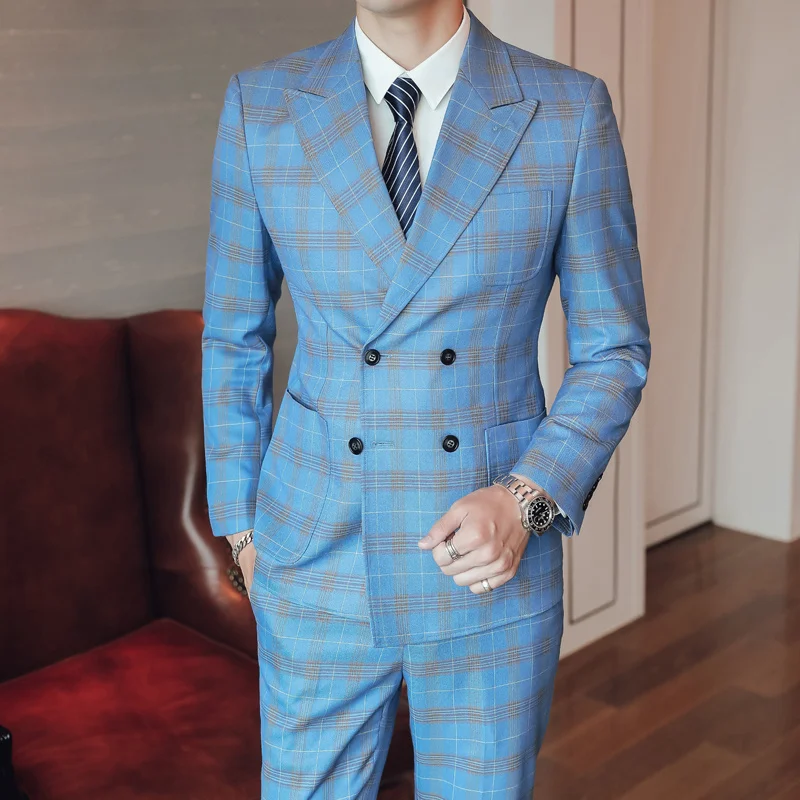 

Blue Lattice Suits Mens Dress Mens Suits With Pants Club Terno 3-piece Set Trajes De Vestir Para Hombres Double Breasted Suits