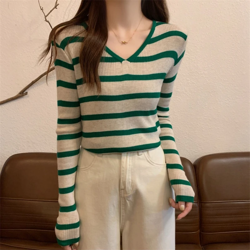 Women Trendy Casual Striped Chic Y2K All Match Basic Knitwear Autumn Korean Female Simple V Neck Long Sleeve Slim Pullover Tops