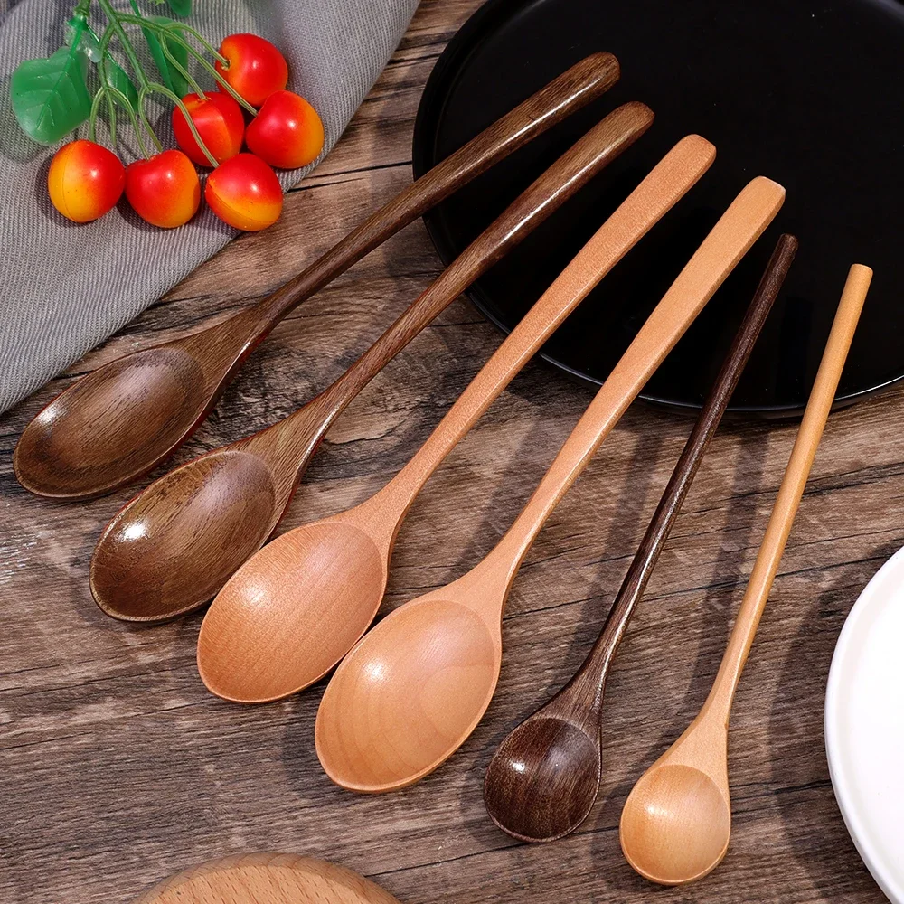 1/10pcs Long Hand Wooden Spoon Wood Soup Scoop Kitchen Cooking Stirring Spoons Dessert Honey Coffee Stir Teaspoons Tableware Set