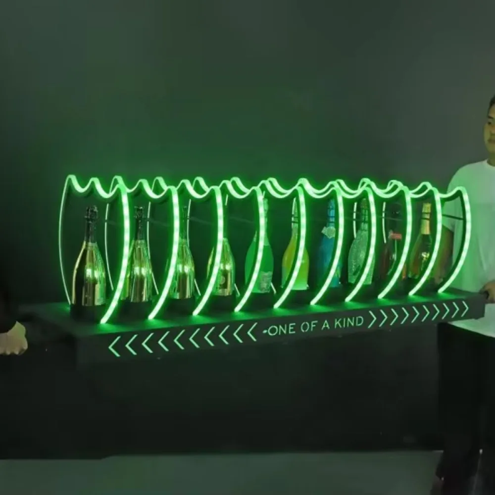 Green Dom Perignon 10 Bottles LED Champagne Display Stand Large Illuminated Bottle Holder for Nightclubs, Parties, and Events