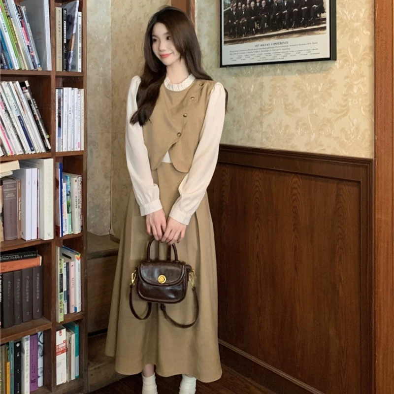 

French Vintage Lace O-Neck Dresses Women Fake Two Piece Long Sleeve Mid-waist Solid Color A-line Slim Versatile Dress Female