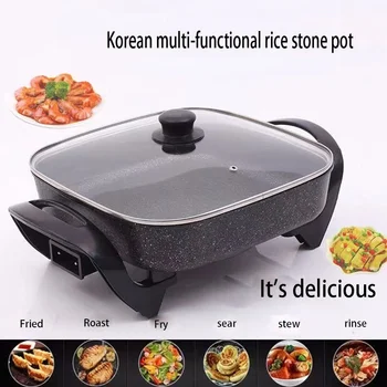 Pentola elettrica quadrata multifunzionale in stile coreano per la casa Cucina sana Pentola calda antiaderente Caldron elettrico per dormitorio 1