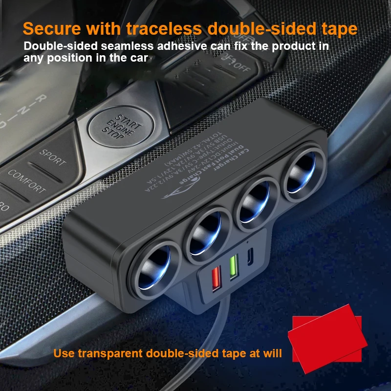 Multi-functional Car Charger, 2USB+1PD Ports for Fast Charging, Four Cigarette Lighter Sockets for Charging Cell Phone Tablets