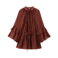 HXAO Woman 2025 Dress Ruffle Long Sleeve Mini Dress Summer Tie Fairy Short Dresses For Women Pleated Elegant Party Dresses 088 - Image 2